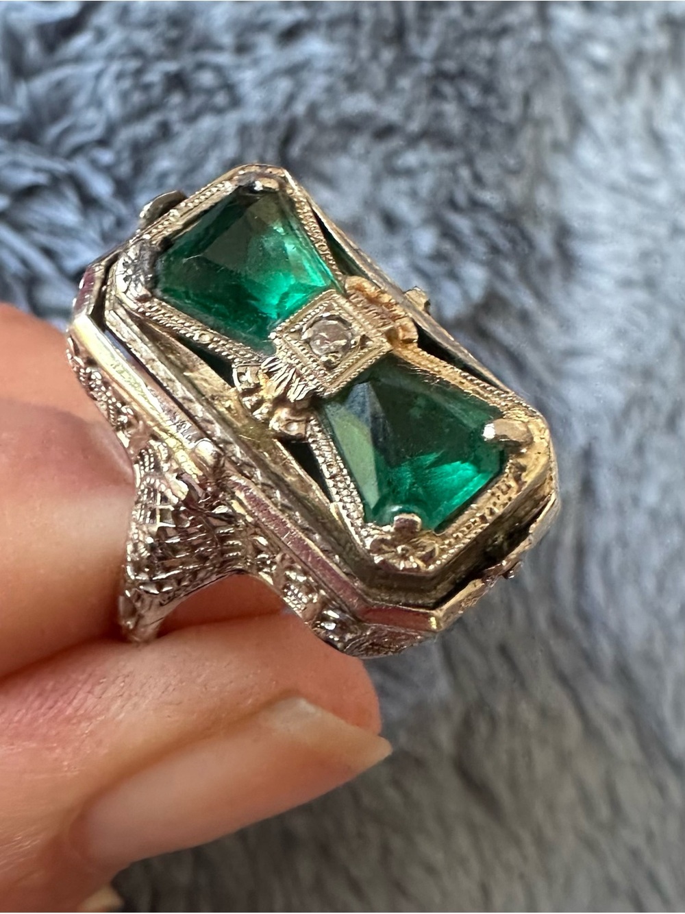 Vintage, 14k white gold, Ring with Deep Emerald Green Stones